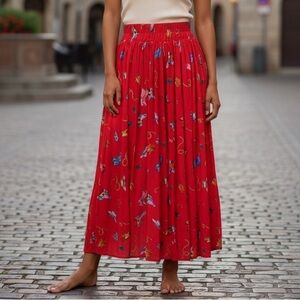 Coldwater Creek Red Cowboy Western Novelty Print Pleated Maxi Skirt Medium